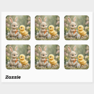 Niedliche Bunny und Chick Oaster Szene Quadratischer Aufkleber