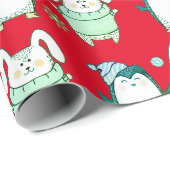 NIEDLICHE BUNNY UND PENGUIN-ROTE CHRISTMAS-GIFT-WR GESCHENKPAPIER (Rolleneckpunkt)