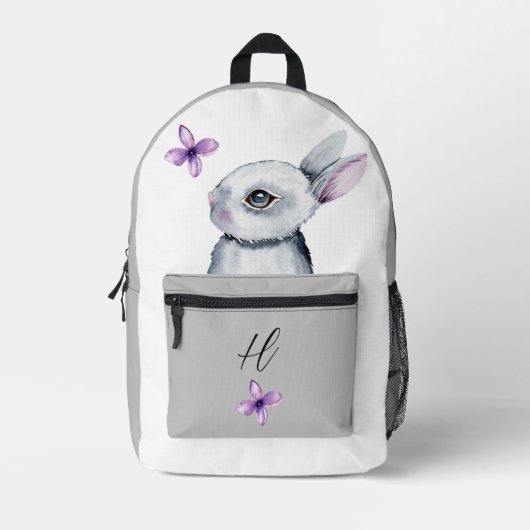 NIEDLICHE BUNNY VIOLET BLUME GRAU WHITE INDIVIDUEL BEDRUCKTER RUCKSACK (Vorderseite)