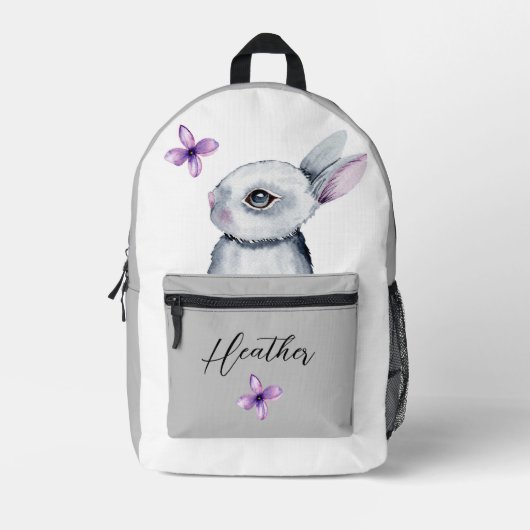 NIEDLICHE BUNNY VIOLET BLUME GRAU WHITE INDIVIDUEL BEDRUCKTER RUCKSACK (Vorderseite)