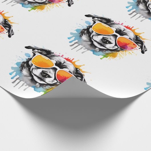 Niedliche bunt Welpe mit Sonnenbrille spritzen Geschenkpapier (Ecke)