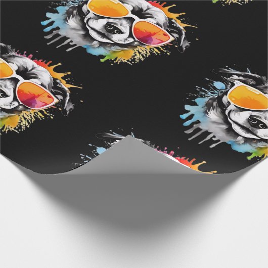 Niedliche bunt Welpe mit Sonnenbrille spritzen Geschenkpapier (Ecke)