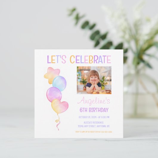 Niedliche Bunte Ballon Foto Kindergeburtstag Einladung (Stehend Vorderseite)