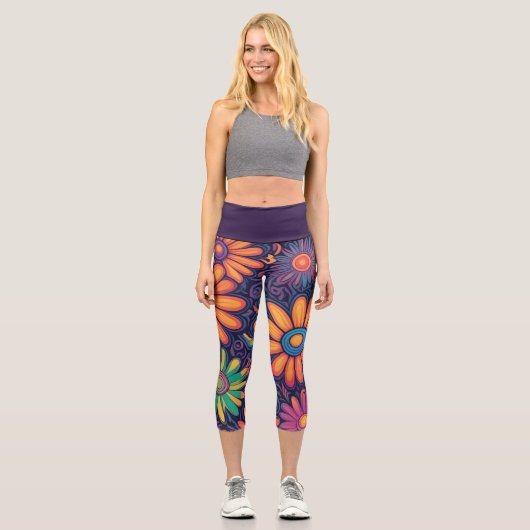 Niedliche bunte Daisy Blume Botanisches Muster gür Capri Leggings (Vorderseite)