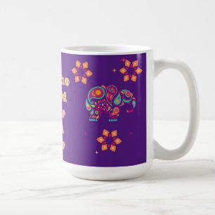 niedliche bunte Elefantenziffer lila und goldenes Kaffeetasse