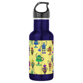 Niedliche, bunte Roboter auf gelbem Hintergrund Edelstahlflasche