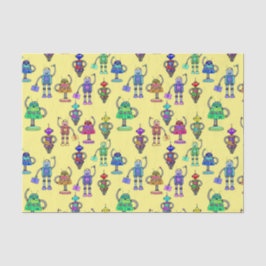 Niedliche, bunte Roboter auf gelbem Hintergrund Seidenpapier