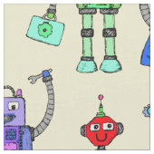 Niedliche, bunte Roboter auf gelbem Hintergrund Stoff (Nahaufnahme)