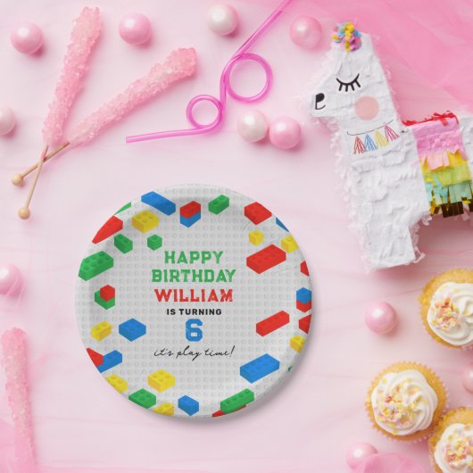 Niedliche Bunte Ziegel Gebäude Blocks Kindergeburt Pappteller (Party)