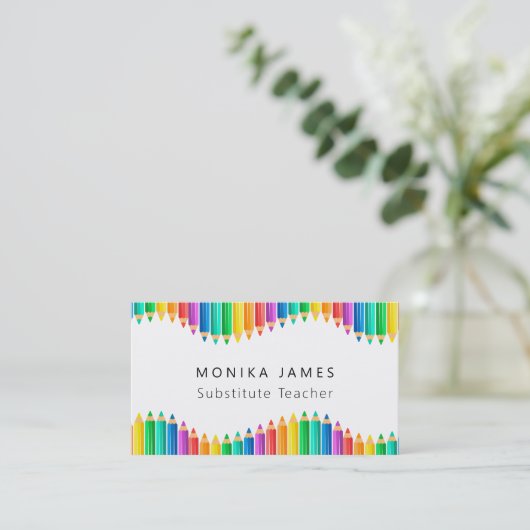 Niedliche Buntstifte Stellvertretender Lehrer Visitenkarte (Stehend Vorderseite)