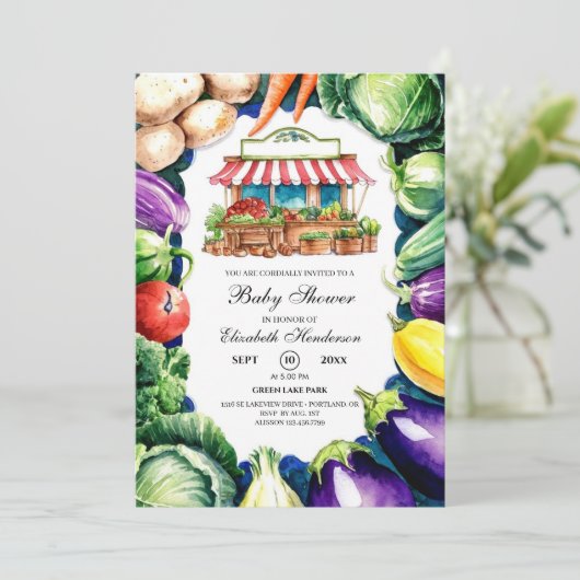 Niedliche Cabbage Farmer's Market Baby Dusche Einladung (Stehend Vorderseite)