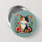 Niedliche Calico Katze mit Blumencotattacke Button (Vorne & Hinten)