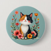 Niedliche Calico Katze mit Blumencotattacke Button (Vorderseite)