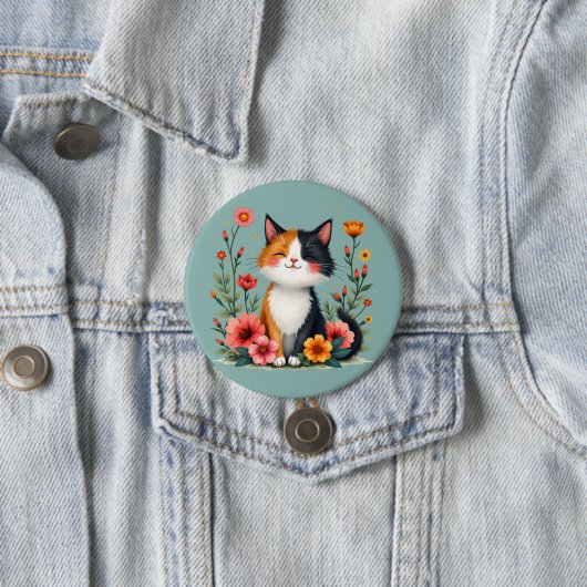 Niedliche Calico Katze mit Blumencotattacke Button (Beispiel)