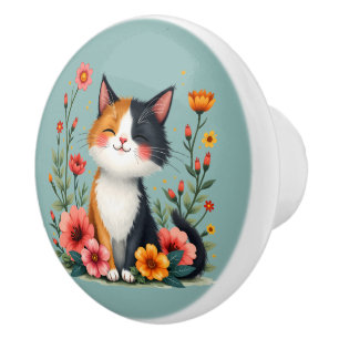 Niedliche Calico-Katze mit floraler Cotattacore-Äs Keramikknauf