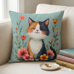 Niedliche Calico-Katze mit floraler Cotattacore-Äs Kissen