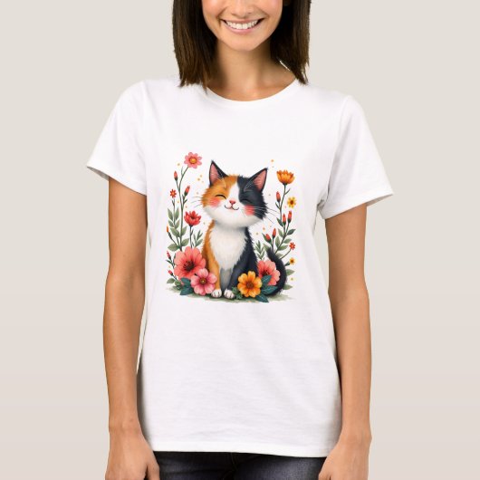 Niedliche Calico-Katze mit floraler Cotattacore-Äs T-Shirt (Vorderseite)