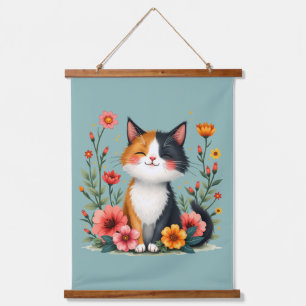 Niedliche Calico-Katze mit floraler Cotattacore-Äs Wandteppich Mit Holzrahmen