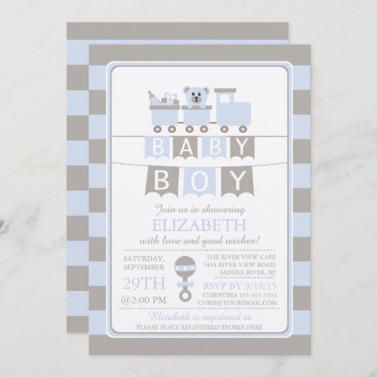 Niedliche Carriage Bear Boy Baby Shower Einladung (Vorne/Hinten)