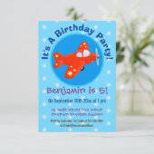 Niedliche Cartoon-Abbildung mit rotem Flugzeug Einladung (Stehend Vorderseite)