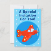 Niedliche Cartoon-Abbildung mit rotem Flugzeug Einladung (Rückseite)