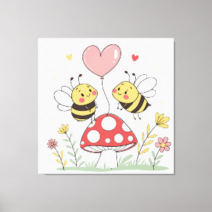 Niedliche Cartoon Bienen mit Herzballon auf Pilz Leinwanddruck
