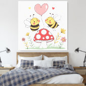 Niedliche Cartoon Bienen mit Herzballon auf Pilz Leinwanddruck (Insitu (Schlafzimmer))