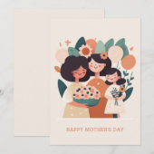 Niedliche Cartoon Blumenmutter und Mädels. Muttert Feiertagskarte (Vorne/Hinten)
