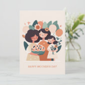 Niedliche Cartoon Blumenmutter und Mädels. Muttert Feiertagskarte (Stehend Vorderseite)