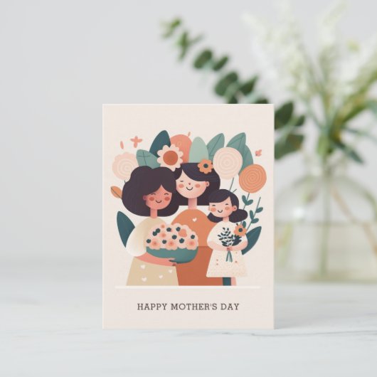 Niedliche Cartoon Blumenmutter und Mädels. Muttert Postkarte (Stehend Vorderseite)