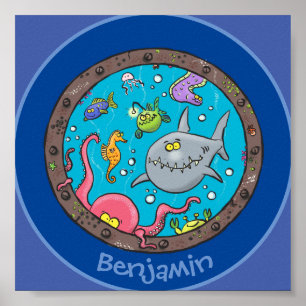 Niedliche Cartoon-Darstellung lustiger Meereslebew Poster