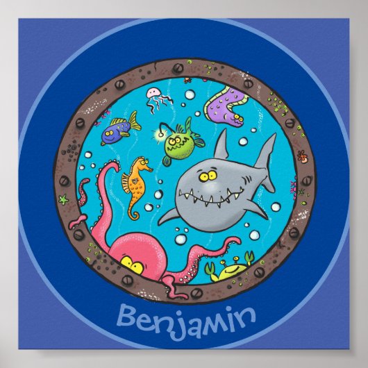 Niedliche Cartoon-Darstellung lustiger Meereslebew Poster (Vorne)