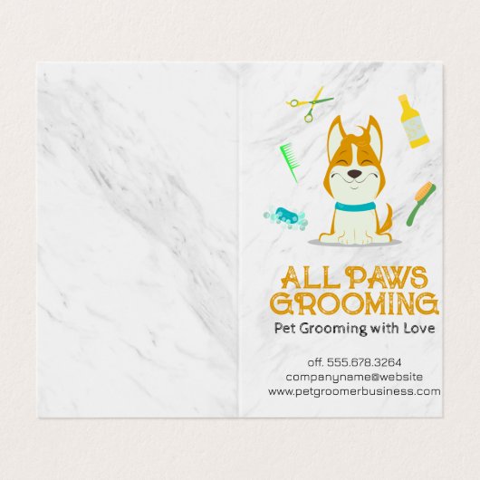 Niedliche Cartoon Dog and Grooming Tools Visitenkarten (Außenseite Aufgefaltet)
