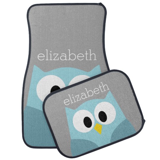 Niedliche Cartoon Eulen Blauer Und Grauer Autofussmatte Zazzle De