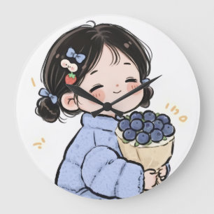 Niedliche Cartoon Girl mit Blueberries Wall Clock Große Wanduhr