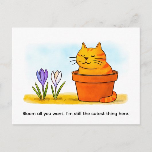 Niedliche Cartoon-Katze sitzt in Frühlingsblumen Postkarte (Vorderseite)