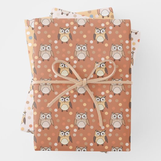 Niedliche Cartoon Owls und Punkte Pastellmuster Geschenkpapier Set (Beispiel)