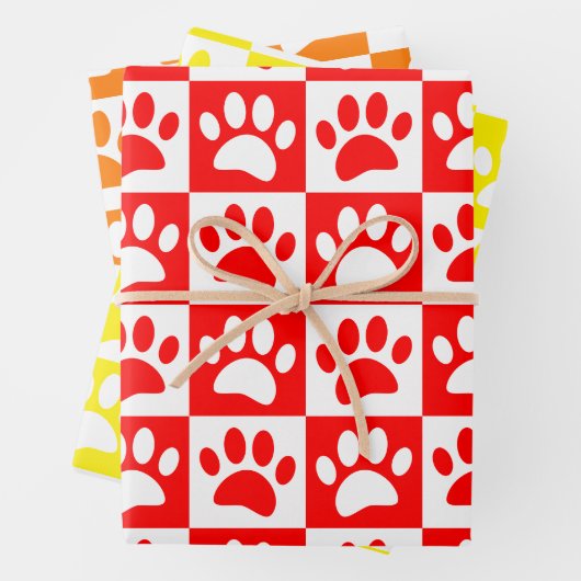 Niedliche Cartoon-Paw-Drucke Checkerboard-Bright-F Geschenkpapier Set (Beispiel)