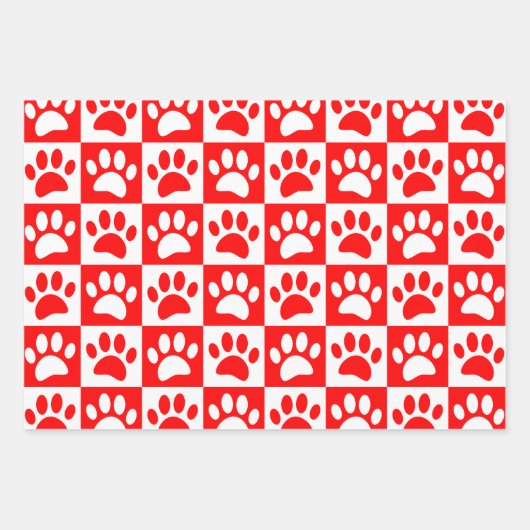 Niedliche Cartoon-Paw-Drucke Checkerboard-Bright-F Geschenkpapier Set (Vorderseite)