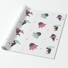 niedliche Cartoon Pinguine mit Herz und Schneefloc Geschenkpapier