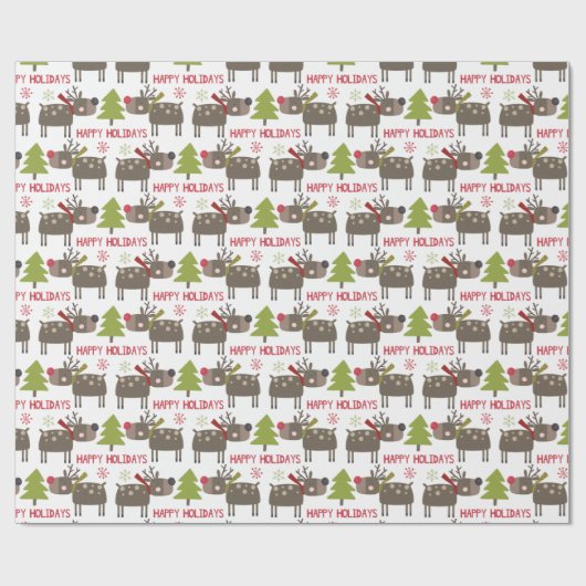 Niedliche Cartoon Rentiere mit Weihnachtsbäumen Geschenkpapier (Flach)