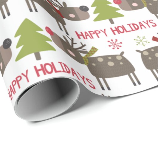 Niedliche Cartoon Rentiere mit Weihnachtsbäumen Geschenkpapier (Rolleneckpunkt)