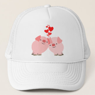 Niedliche Cartoon-Schweine im Liebe-Hut Truckerkappe