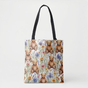 Niedliche Cartoon-Teddies mit Aquarellfarben-Blume Tasche