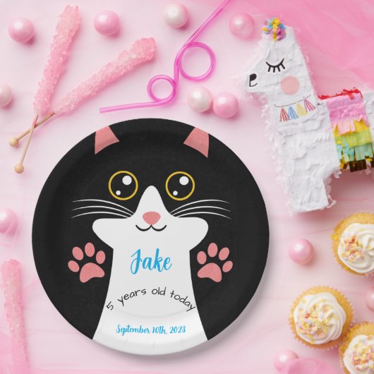 Niedliche Cat Birthday Party Teller. Bearbeitbarer Pappteller (Party)