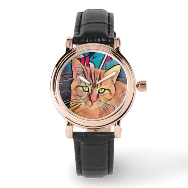 Niedliche Cat Black Leather Women's Watch Armbanduhr (Vorderseite)