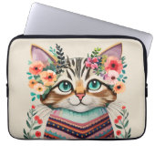 Niedliche Cat Floral Watercolor Laptopschutzhülle (Vorderseite)
