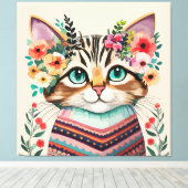 Niedliche Cat Floral Watercolor Leinwanddruck (Insitu (Holzboden))