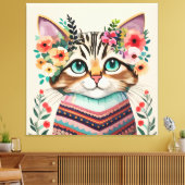 Niedliche Cat Floral Watercolor Leinwanddruck (Insitu (Wohnzimmer))