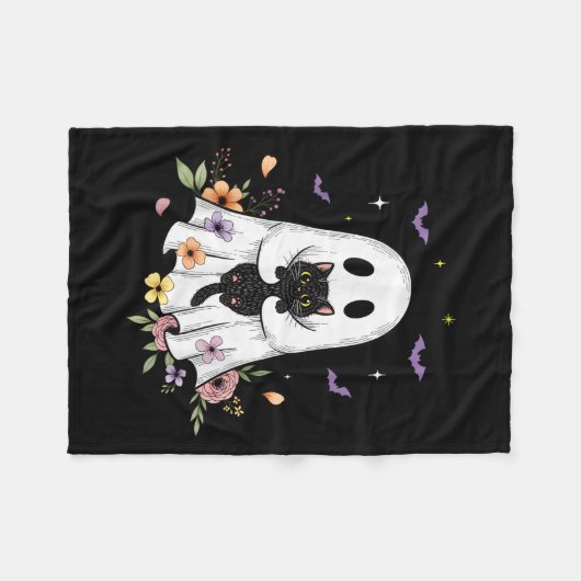 Niedliche Cat Ghost Blume Spooky Halloween Vibes M Fleecedecke (Vorderseite (Horizontal))